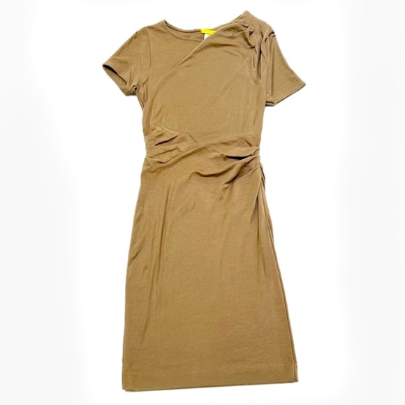 CATHERINE MALANDRINO‎ Camel Wool Ruched Sheath Midi Dress M NEEDS MINOR REPAIRS - Picture 3 of 11